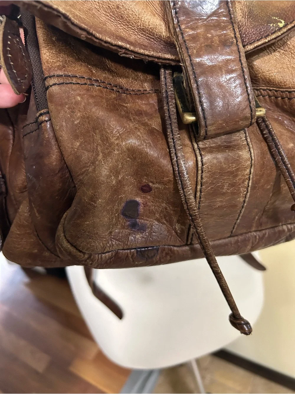 Vintage Brown Worn Weathered Distressed Leather Knapsack Backpack Size Medium